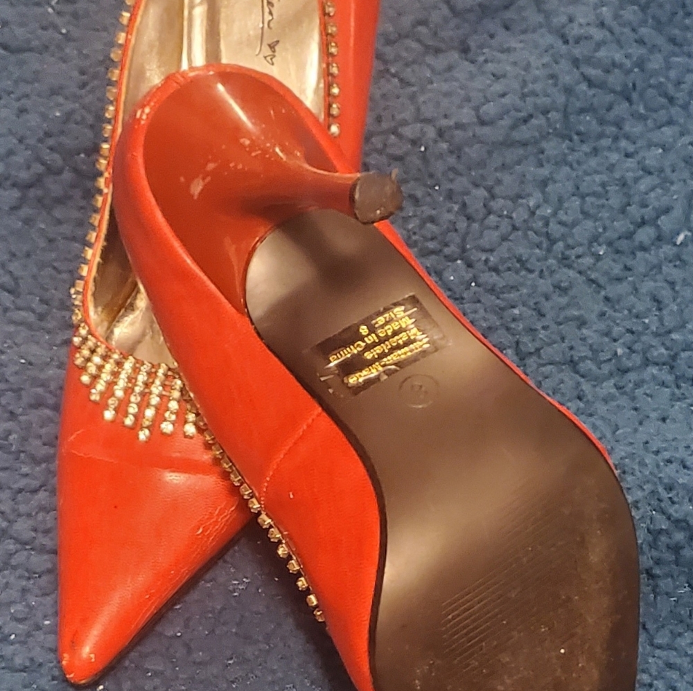 Women's Size 8 Red Pumps Closed Toe with Silver Sparkle Accents